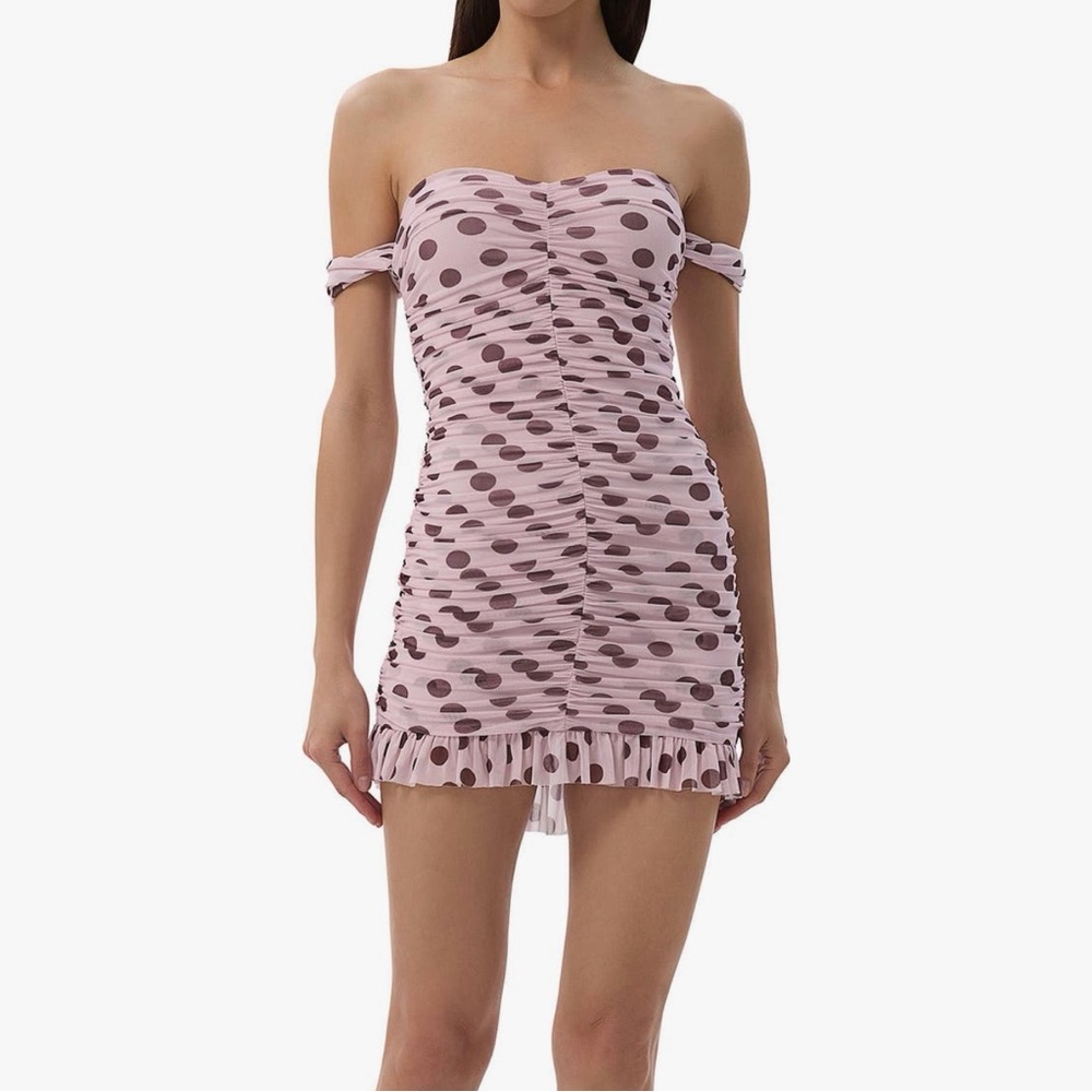 AFRM Anthropologie Pink Ruched Off the Shoulder Mesh Minidress. NWT. Size Medium
